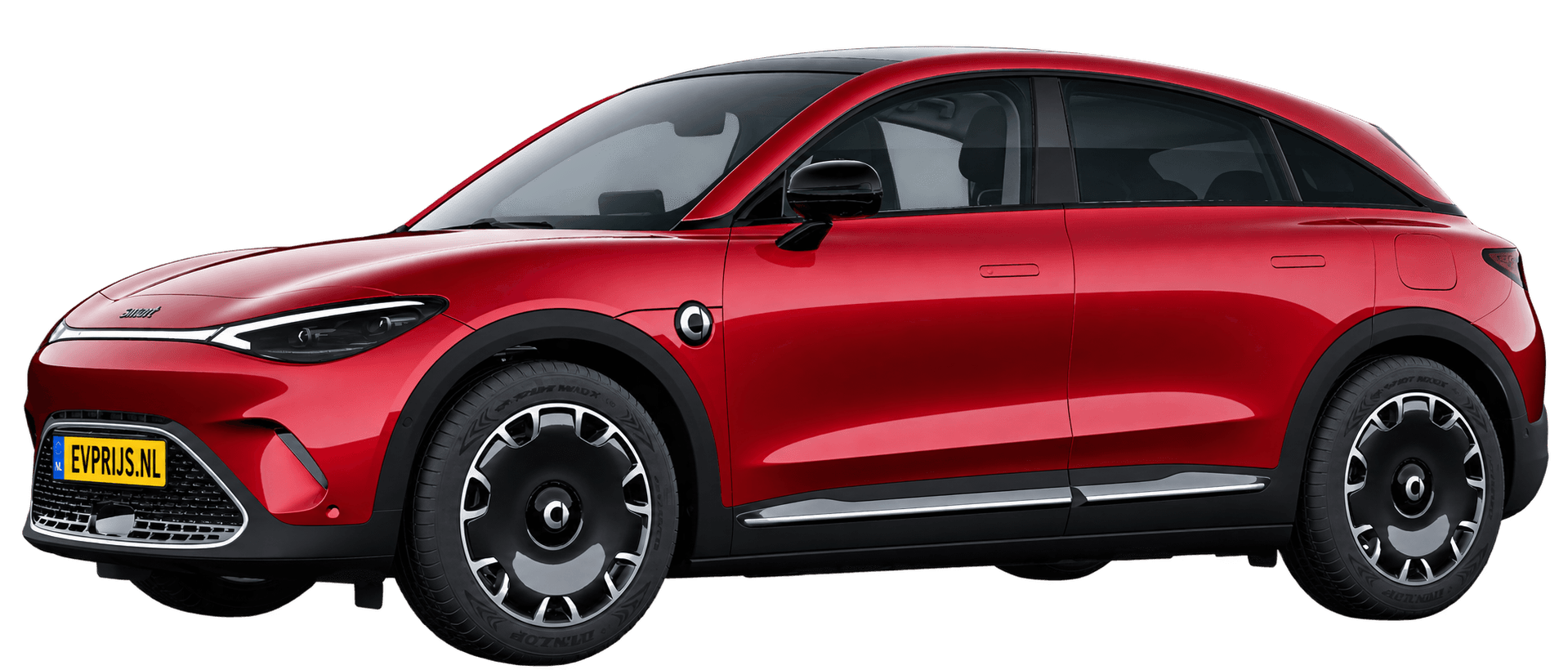 AI-bewerking (Imagegen) van officiële smart-configuratorrender: smart #3 voor-/zijaanzicht in Laser Red Metallic (configuratorrender smart #3 Premium (HC1ESD2I51EU001221), aanzicht FR-02 (voor-/zijaanzicht, neus links)); velgen en details kunnen per uitvoering afwijken, beeld 3