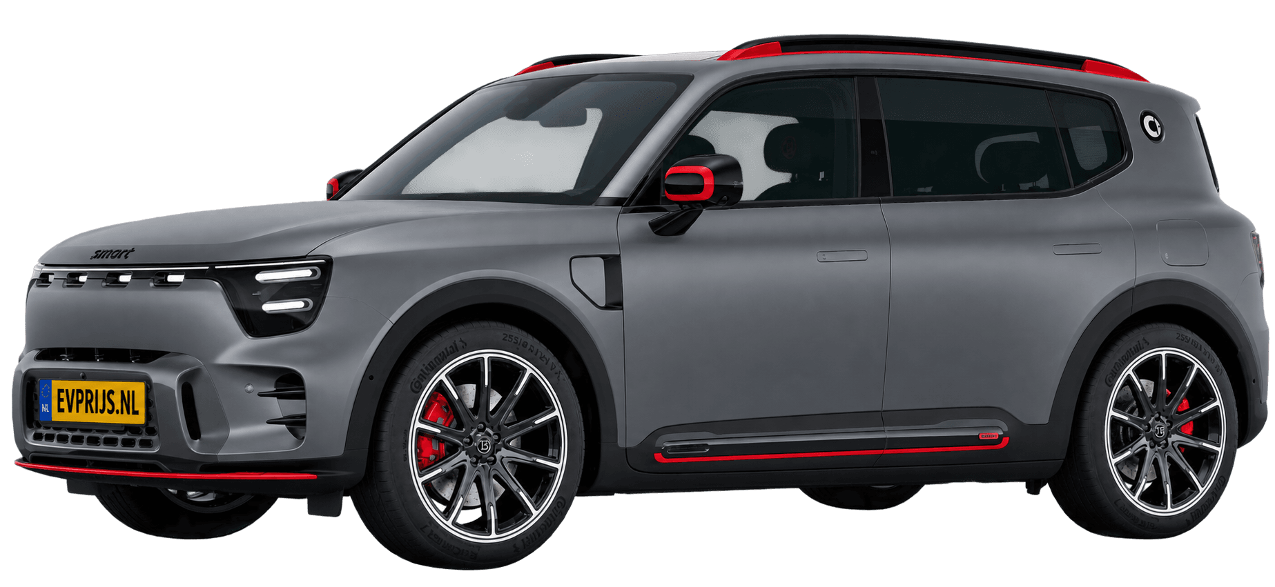 AI-bewerking (Imagegen) van officiële smart-configuratorrender: smart #5 voor-/zijaanzicht in Atom Grey Matte met rood dak (configuratorrender smart #5 BRABUS (HY107D3J61EU00000X), aanzicht FR-02 (voor-/zijaanzicht, neus links)); velgen en details kunnen per uitvoering afwijken, beeld 13