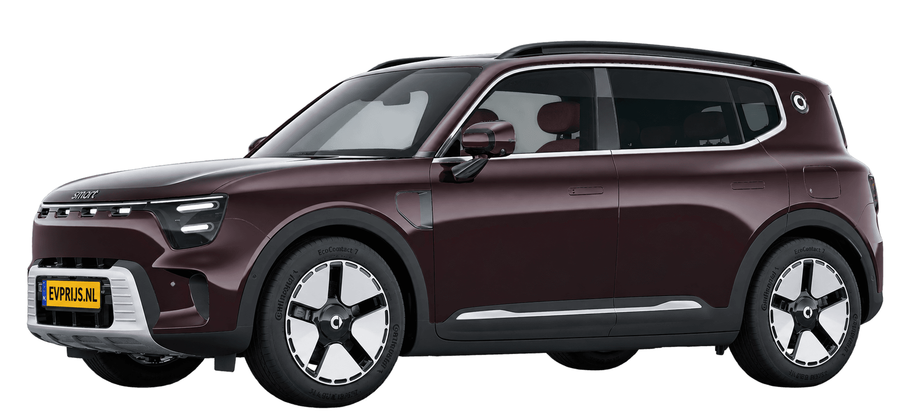 AI-bewerking (Imagegen) van officiële smart-configuratorrender: smart #5 voor-/zijaanzicht in Pulsar Ruby Metallic met zwart dak (configuratorrender smart #5 Premium (HY1UOGUJ51EU0005XT), aanzicht FR-02 (voor-/zijaanzicht, neus links)); velgen en details kunnen per uitvoering afwijken, beeld 4