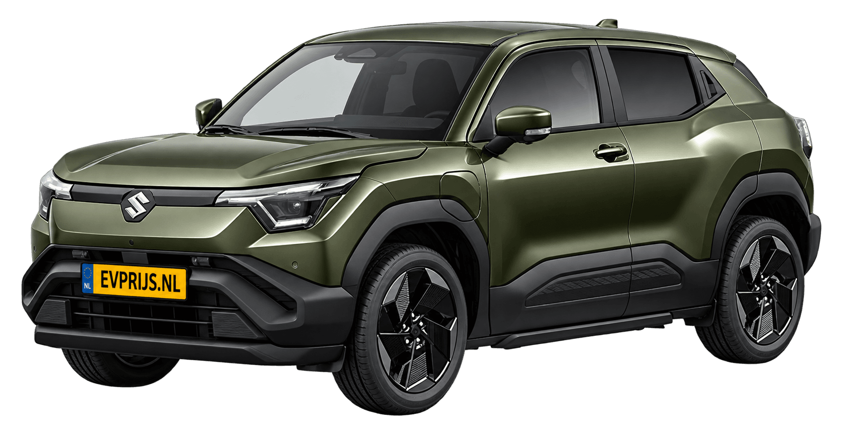 AI-bewerking (Imagegen) van officieel Suzuki-beeld: e VITARA voor-/zijaanzicht in Land Breeze Green Pearl Metallic (configurator e VITARA Select (editie 11451; identiek aan 11450 en 11452), positie lv (links-voor), kleurcode WA1); uitvoering Select, beeld 6