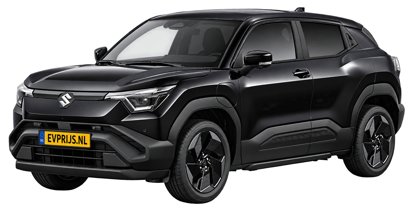 AI-bewerking (Imagegen) van officieel Suzuki-beeld: e VITARA voor-/zijaanzicht in Bluish Black Pearl (configurator e VITARA Select (editie 11451; identiek aan 11450 en 11452), positie lv (links-voor), kleurcode WB3); uitvoering Select, beeld 5
