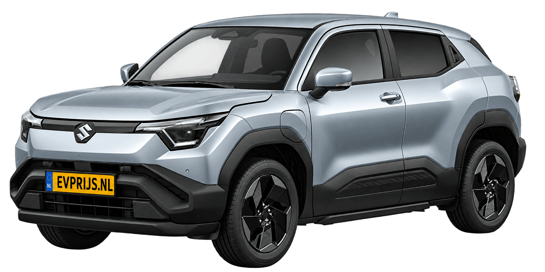 AI-bewerking (Imagegen) van officieel Suzuki-beeld: e VITARA voor-/zijaanzicht in Splendid Silver Pearl Metallic (configurator e VITARA Select (editie 11451; identiek aan 11450 en 11452), positie lv (links-voor), kleurcode WBE); uitvoering Select, beeld 7