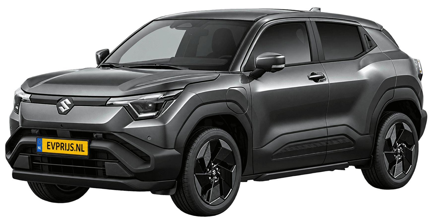 AI-bewerking (Imagegen) van officieel Suzuki-beeld: e VITARA voor-/zijaanzicht in Grandeur Grey Pearl Metallic (configurator e VITARA Select (editie 11451; identiek aan 11450 en 11452), positie lv (links-voor), kleurcode WBF); uitvoering Select, beeld 4
