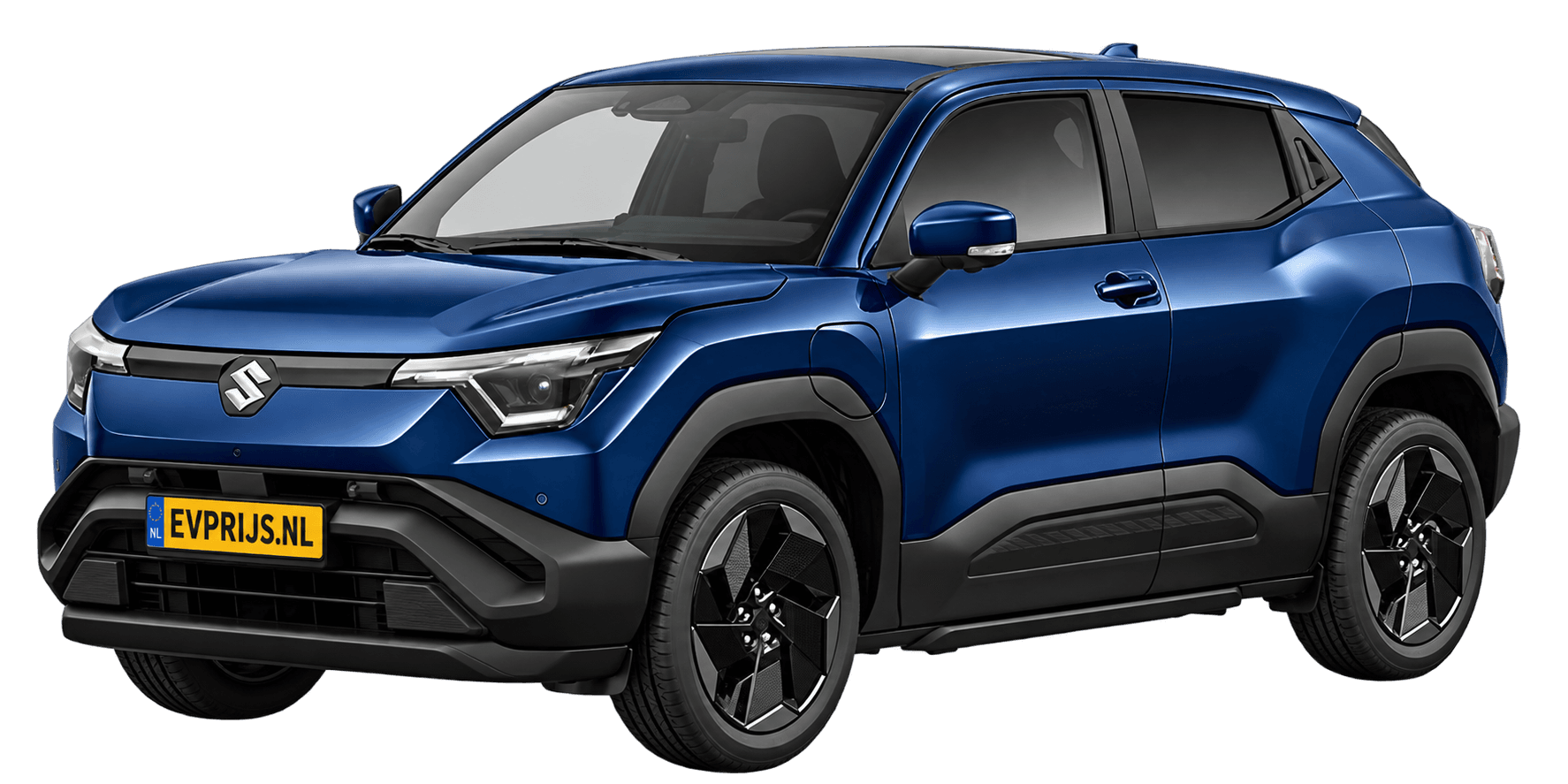 AI-bewerking (Imagegen) van officieel Suzuki-beeld: e VITARA voor-/zijaanzicht in Celestial Blue Pearl Metallic (configurator e VITARA Select (editie 11451; identiek aan 11450 en 11452), positie lv (links-voor), kleurcode WBH); uitvoering Select, beeld 3