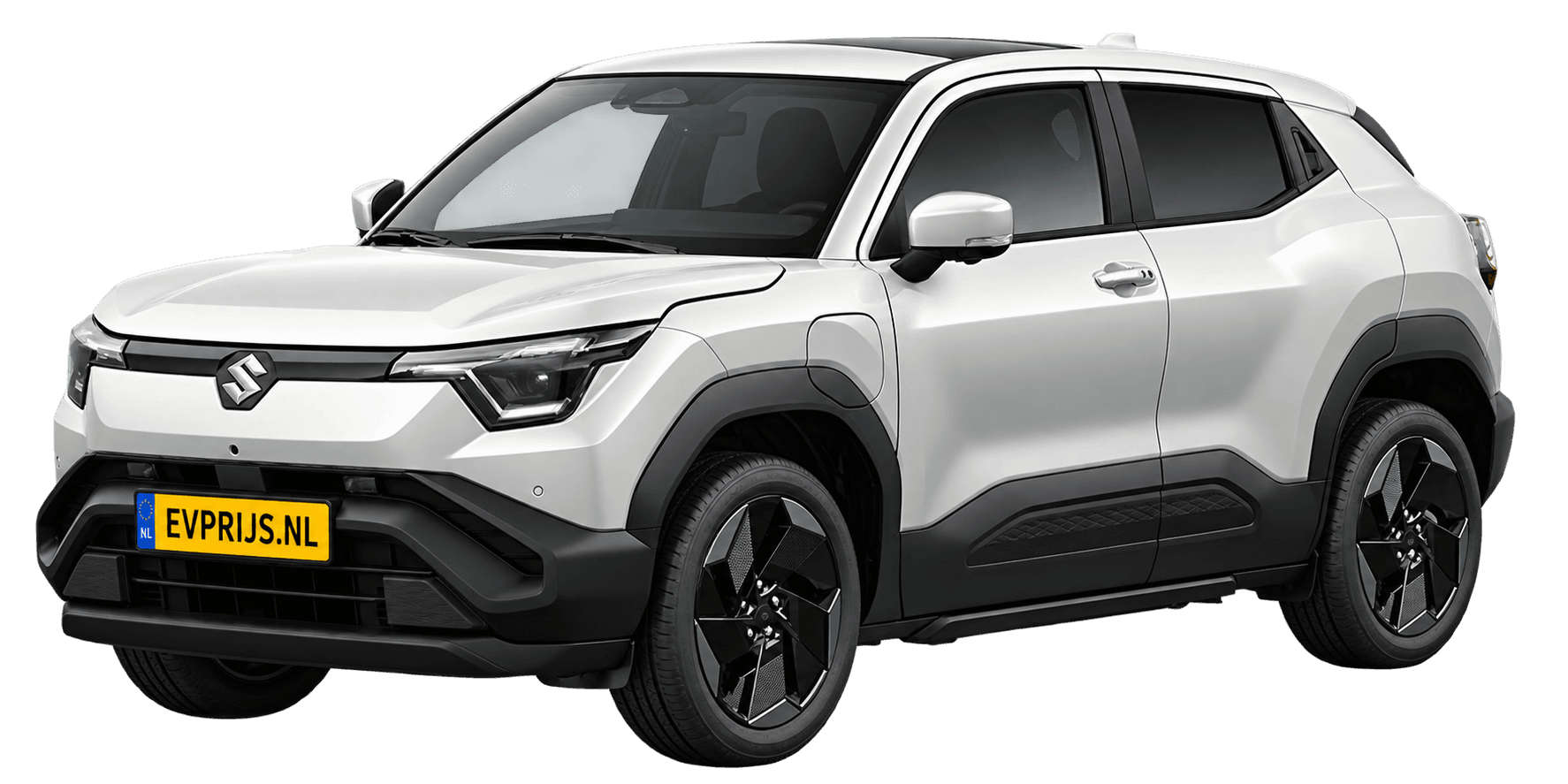 AI-bewerking (Imagegen) van officieel Suzuki-beeld: e VITARA voor-/zijaanzicht in Arctic White Pearl (configurator e VITARA Select (editie 11451; identiek aan 11450 en 11452), positie lv (links-voor), kleurcode ZHJ); uitvoering Select, beeld 2