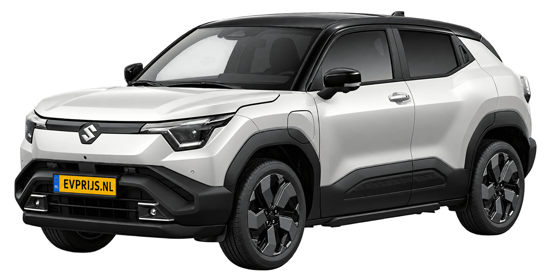 AI-bewerking (Imagegen) van officieel Suzuki-beeld: e VITARA voor-/zijaanzicht in Arctic White Pearl & Bluish Black Pearl (configurator e VITARA Style (editie 11448; identiek aan 11449), positie lv (links-voor), kleurcode E5G); uitvoering Style, beeld 9