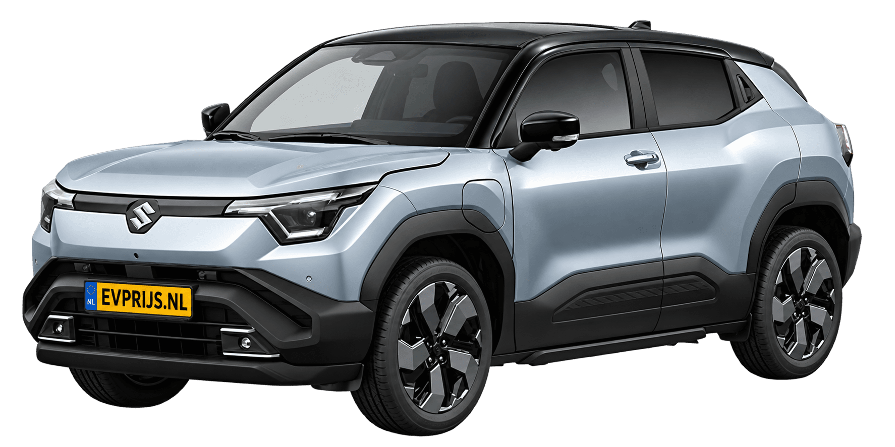 AI-bewerking (Imagegen) van officieel Suzuki-beeld: e VITARA voor-/zijaanzicht in Splendid Silver Pearl Metallic & Bluish Black Pearl (configurator e VITARA Style (editie 11448; identiek aan 11449), positie lv (links-voor), kleurcode E85); uitvoering Style, beeld 12