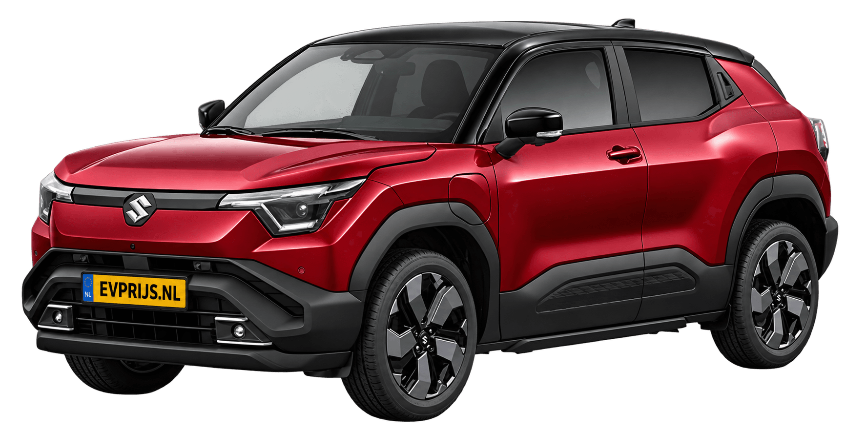 AI-bewerking (Imagegen) van officieel Suzuki-beeld: e VITARA voor-/zijaanzicht in Opulent Red Pearl Metallic & Bluish Black Pearl (configurator e VITARA Style (editie 11448; identiek aan 11449), positie lv (links-voor), kleurcode E86); uitvoering Style, beeld 10