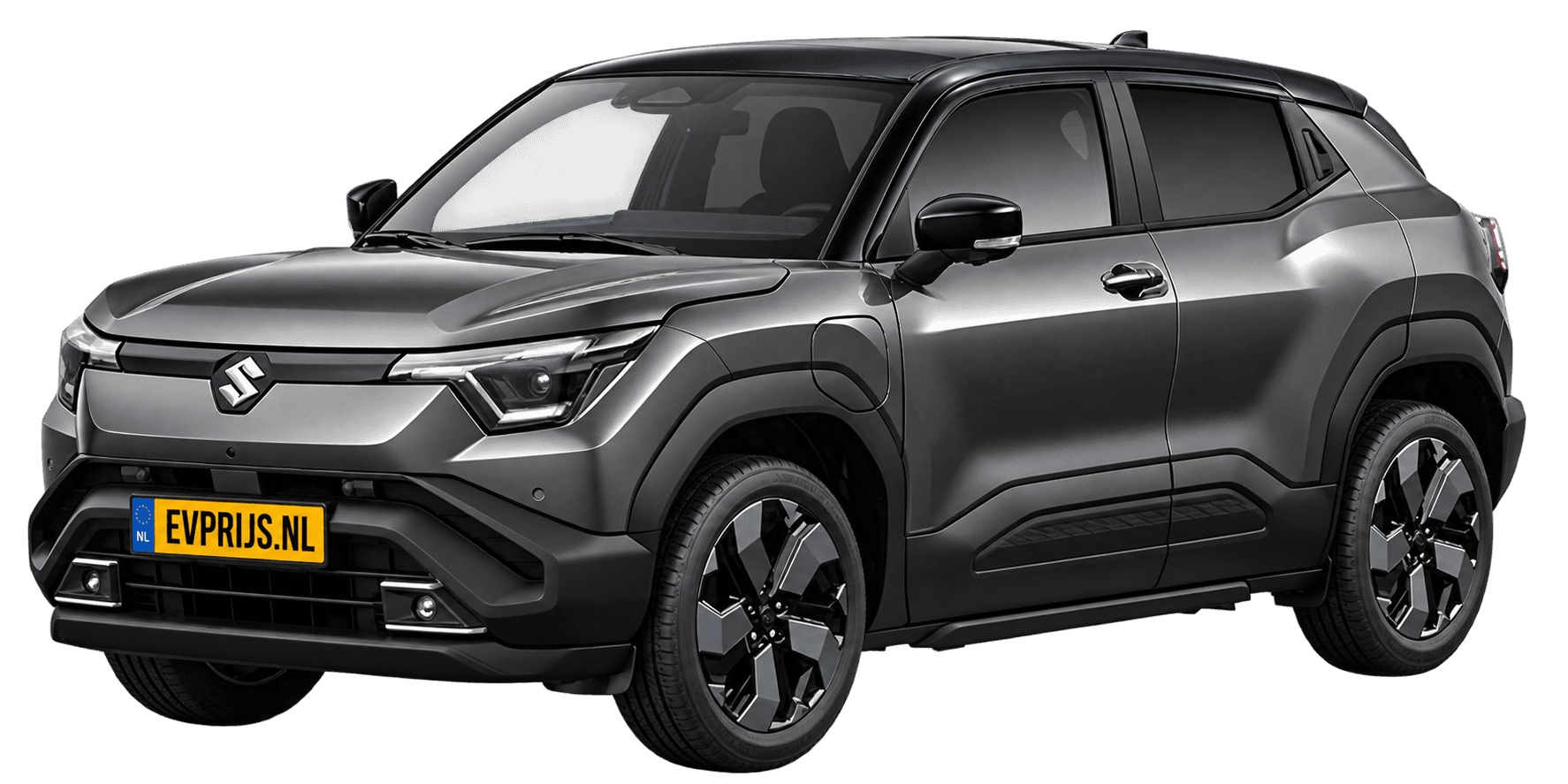 AI-bewerking (Imagegen) van officieel Suzuki-beeld: e VITARA voor-/zijaanzicht in Grandeur Grey Pearl Metallic & Bluish Black Pearl (configurator e VITARA Style (editie 11448; identiek aan 11449), positie lv (links-voor), kleurcode FFZ); uitvoering Style, beeld 11