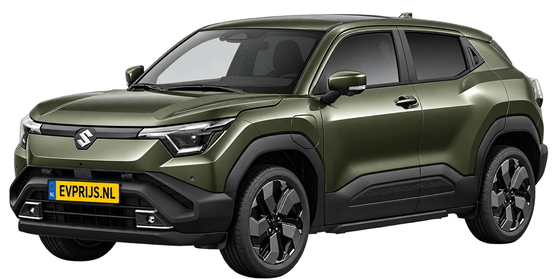AI-bewerking (Imagegen) van officieel Suzuki-beeld: e VITARA voor-/zijaanzicht in Land Breeze Green Pearl Metallic (configurator e VITARA Style (editie 11448; identiek aan 11449), positie lv (links-voor), kleurcode WA1); uitvoering Style, beeld 7
