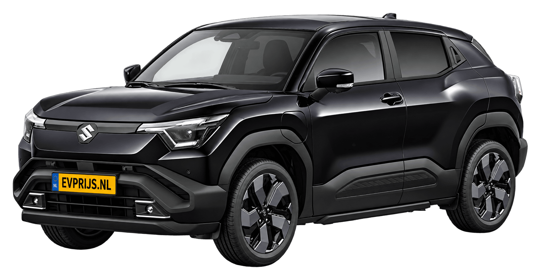 AI-bewerking (Imagegen) van officieel Suzuki-beeld: e VITARA voor-/zijaanzicht in Bluish Black Pearl (configurator e VITARA Style (editie 11448; identiek aan 11449), positie lv (links-voor), kleurcode WB3); uitvoering Style, beeld 6
