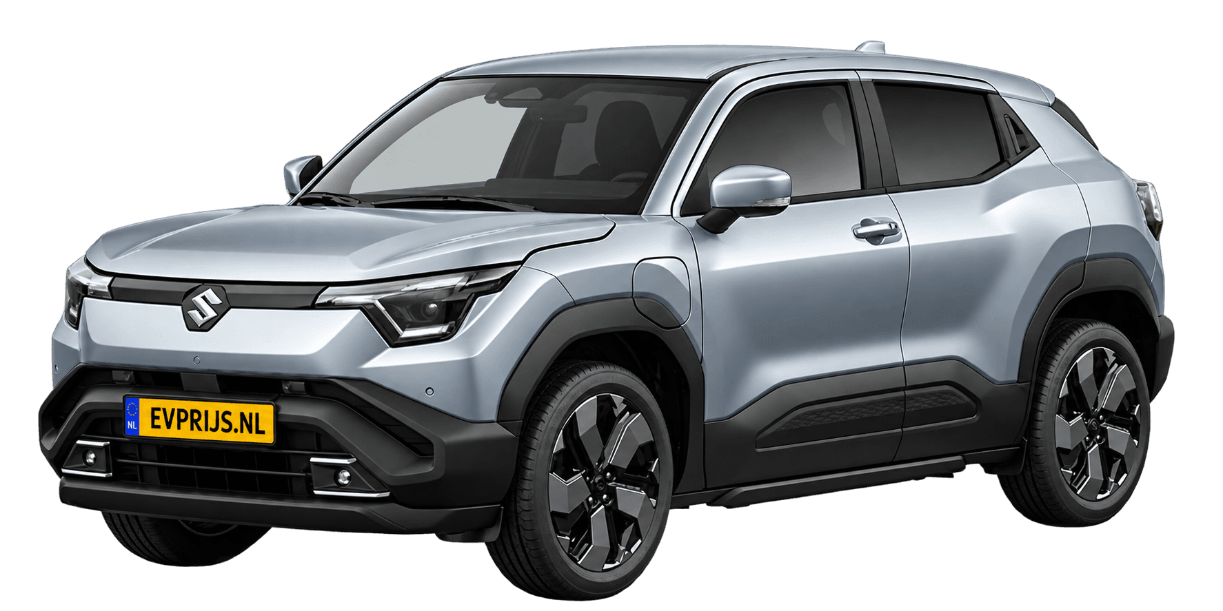 AI-bewerking (Imagegen) van officieel Suzuki-beeld: e VITARA voor-/zijaanzicht in Splendid Silver Pearl Metallic (configurator e VITARA Style (editie 11448; identiek aan 11449), positie lv (links-voor), kleurcode WBE); uitvoering Style, beeld 8