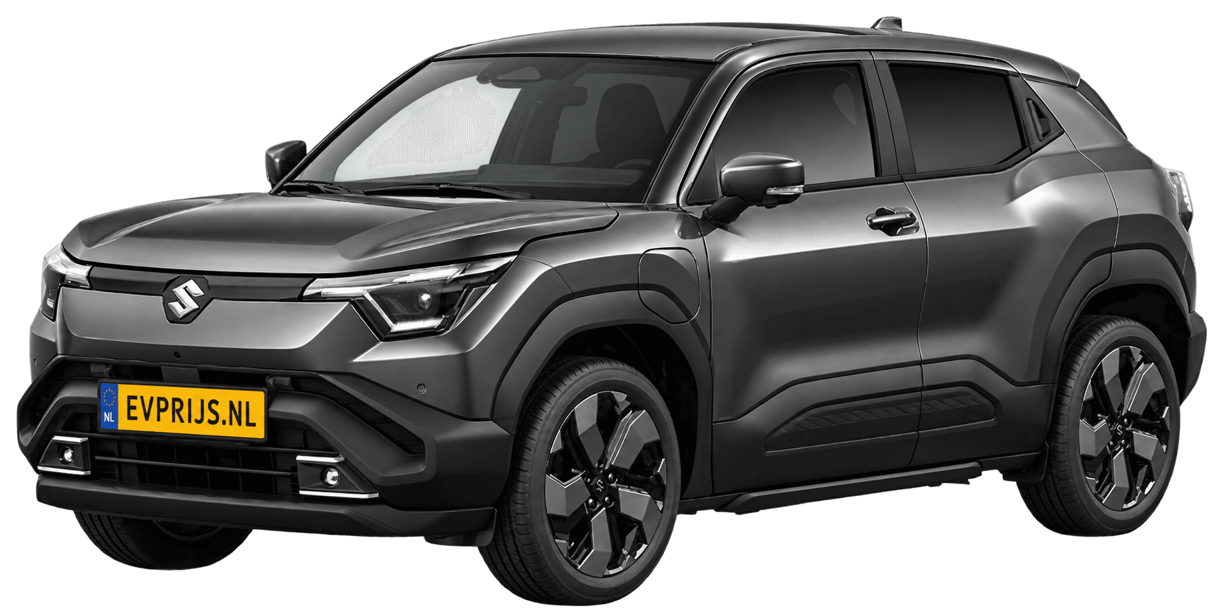 AI-bewerking (Imagegen) van officieel Suzuki-beeld: e VITARA voor-/zijaanzicht in Grandeur Grey Pearl Metallic (configurator e VITARA Style (editie 11448; identiek aan 11449), positie lv (links-voor), kleurcode WBF); uitvoering Style, beeld 5