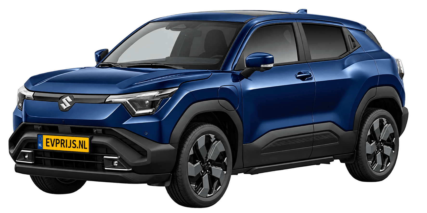 AI-bewerking (Imagegen) van officieel Suzuki-beeld: e VITARA voor-/zijaanzicht in Celestial Blue Pearl Metallic (configurator e VITARA Style (editie 11448; identiek aan 11449), positie lv (links-voor), kleurcode WBH); uitvoering Style, beeld 4
