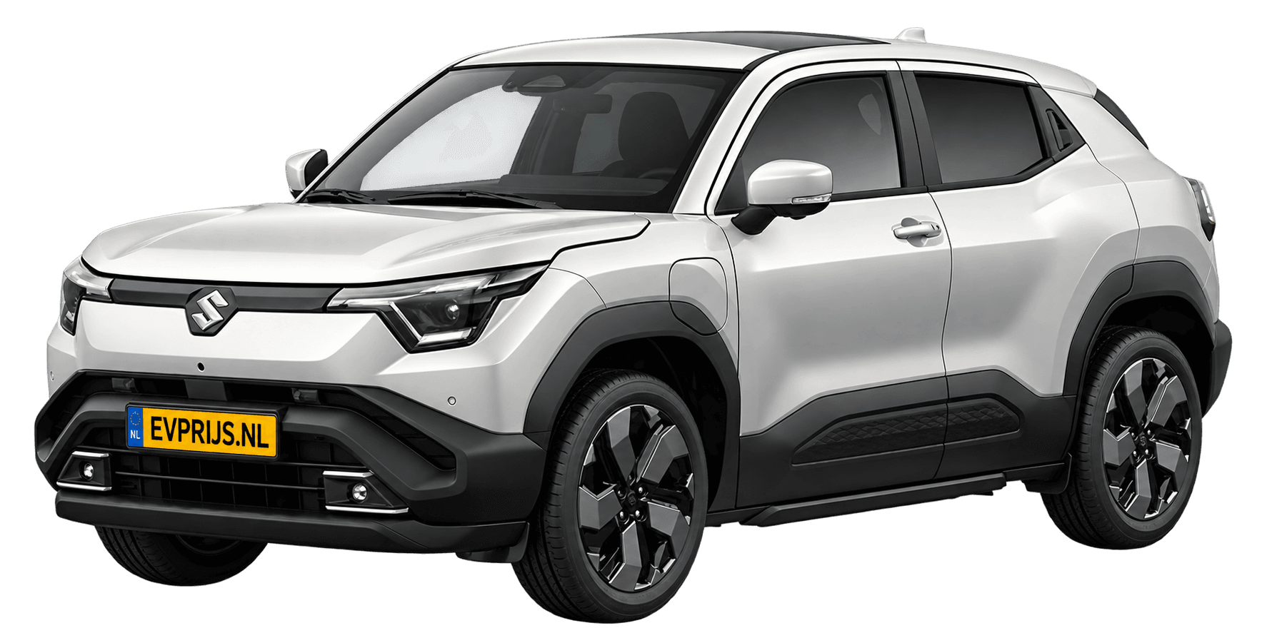 AI-bewerking (Imagegen) van officieel Suzuki-beeld: e VITARA voor-/zijaanzicht in Arctic White Pearl (configurator e VITARA Style (editie 11448; identiek aan 11449), positie lv (links-voor), kleurcode ZHJ); uitvoering Style, beeld 3