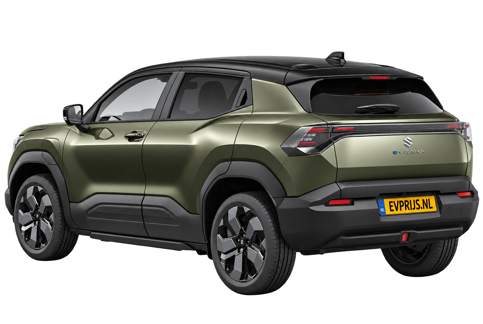 AI-bewerking (Imagegen) van officieel Suzuki-beeld: e VITARA achter-/zijaanzicht in Land Breeze Green Pearl Metallic & Bluish Black Pearl (modelpagina e VITARA, vrijstaande foto achter-/zijaanzicht van dezelfde Style in Land Breeze Green Pearl Metallic & Bluish Black Pearl (2000 × 1333)); lak, velgen en details kunnen per uitvoering afwijken, beeld 1