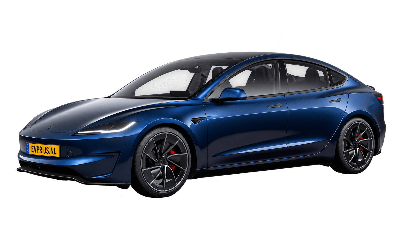 AI-bewerking van origineel Tesla-vooraanzicht van Model 3 Performance vierwielaandrijving in Marine Blue met standaardvelgen; transparante achtergrond, beeld 4