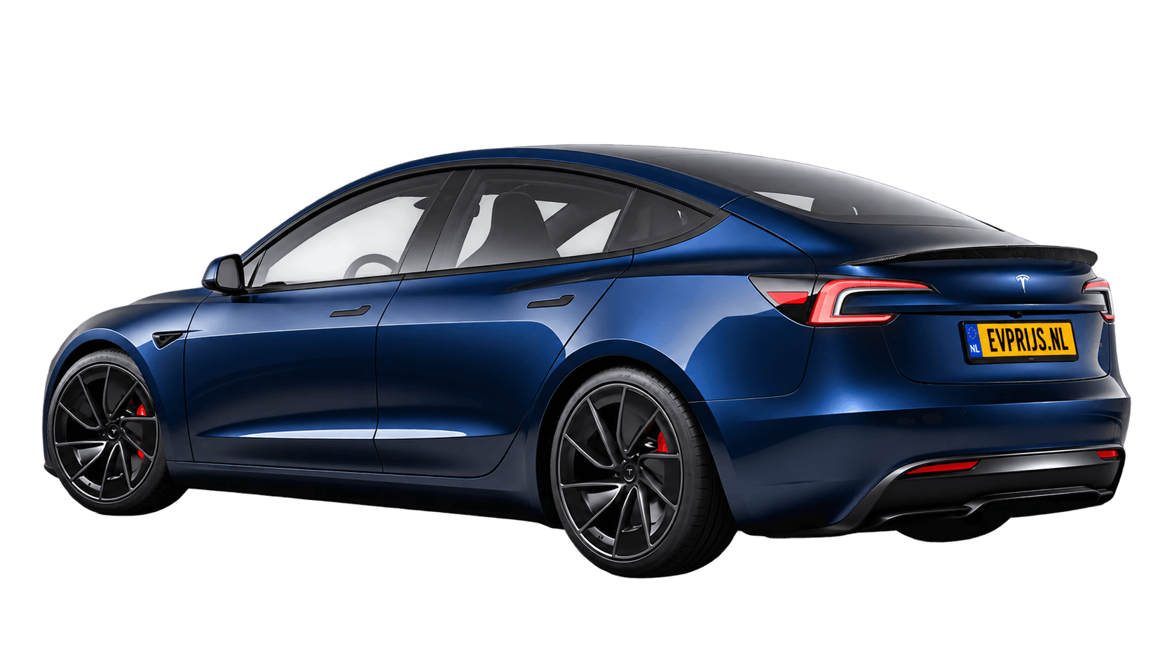 AI-bewerking van origineel Tesla-achteraanzicht van Model 3 Performance vierwielaandrijving in Marine Blue met standaardvelgen; transparante achtergrond, beeld 5