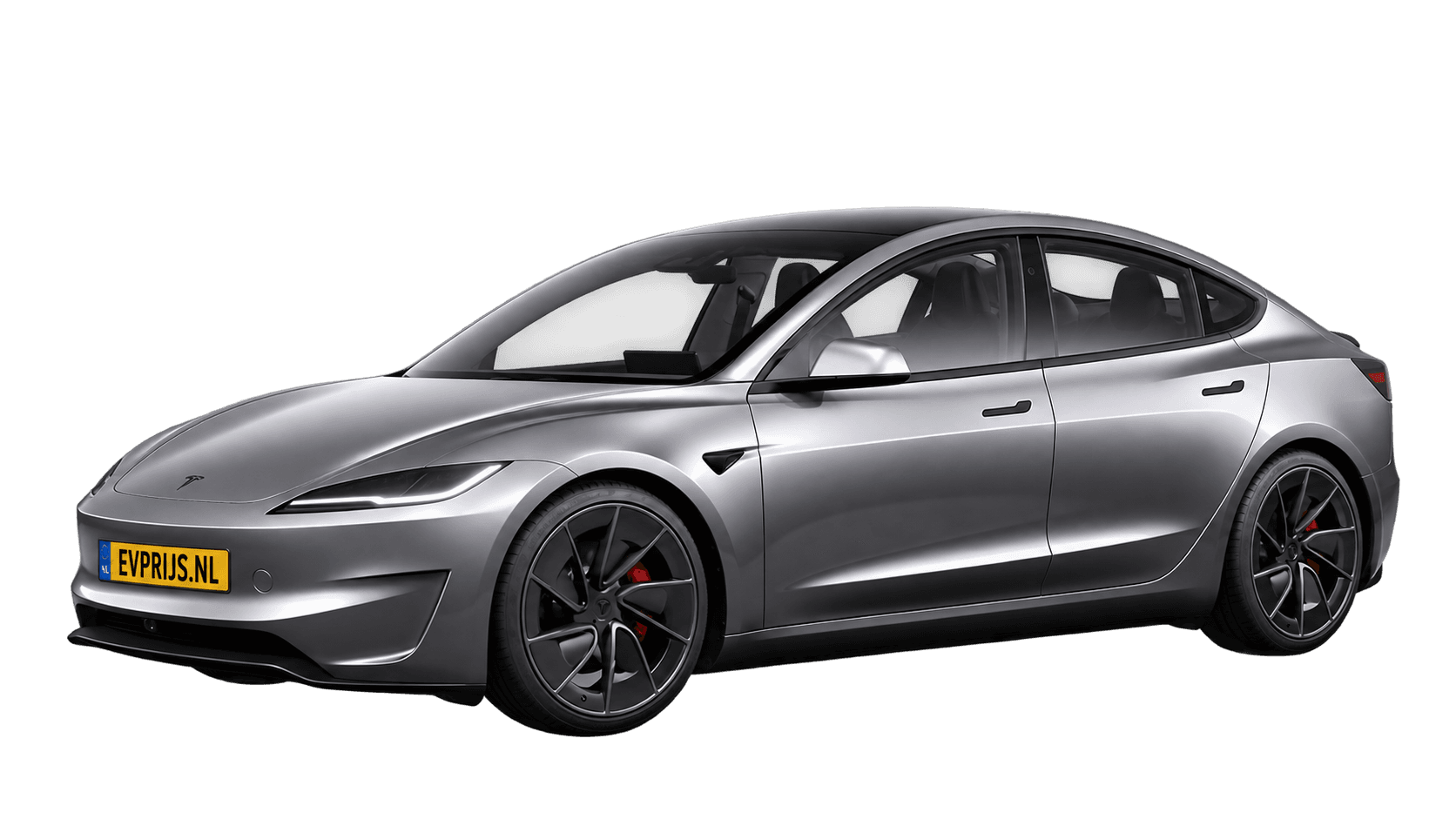 AI-bewerking van origineel Tesla-vooraanzicht van Model 3 Performance vierwielaandrijving in Quicksilver met standaardvelgen; transparante achtergrond, beeld 12