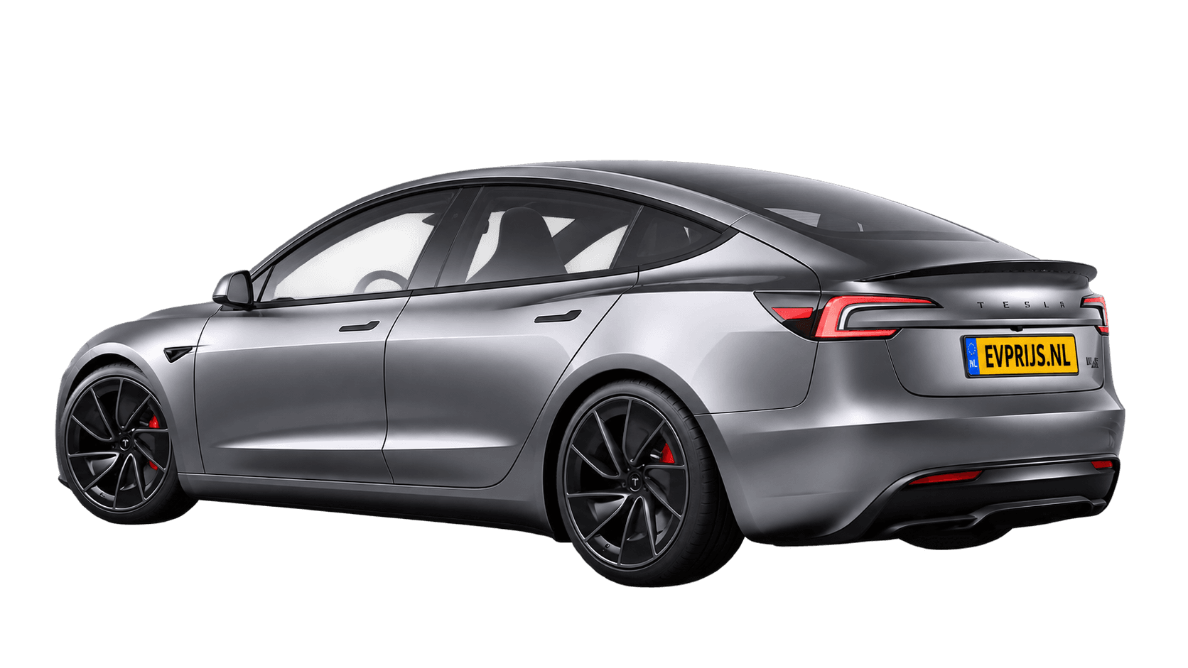 AI-bewerking van origineel Tesla-achteraanzicht van Model 3 Performance vierwielaandrijving in Quicksilver met standaardvelgen; transparante achtergrond, beeld 13