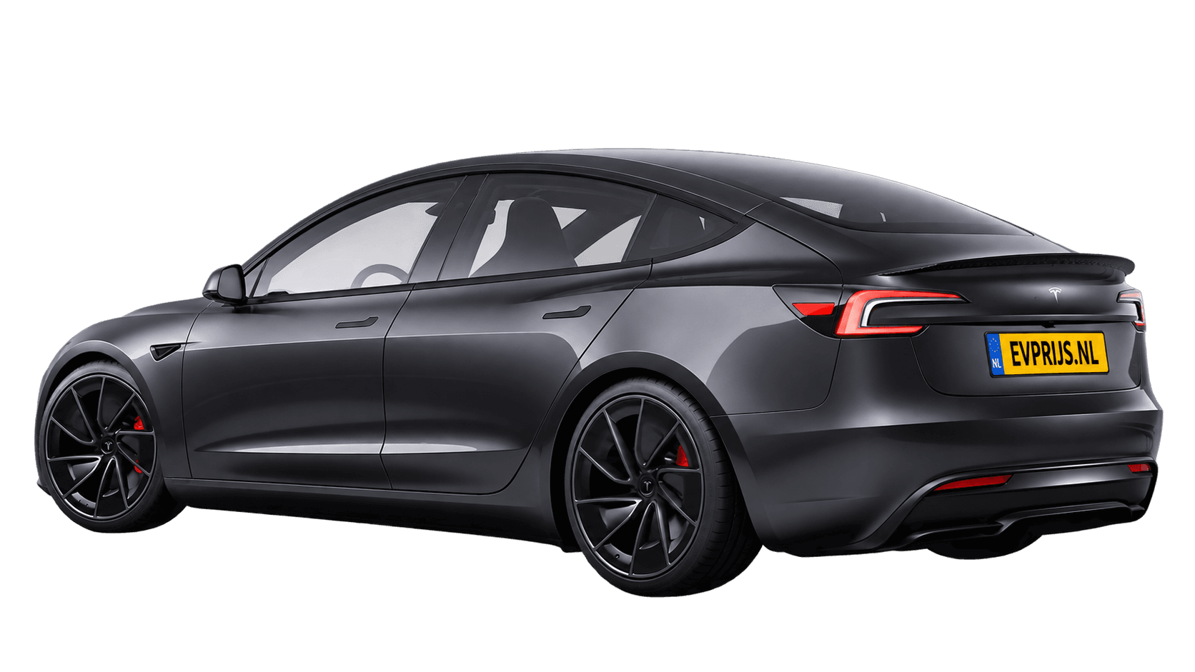 AI-bewerking van origineel Tesla-achteraanzicht van Model 3 Performance vierwielaandrijving in Stealth Grey met standaardvelgen; transparante achtergrond, beeld 9