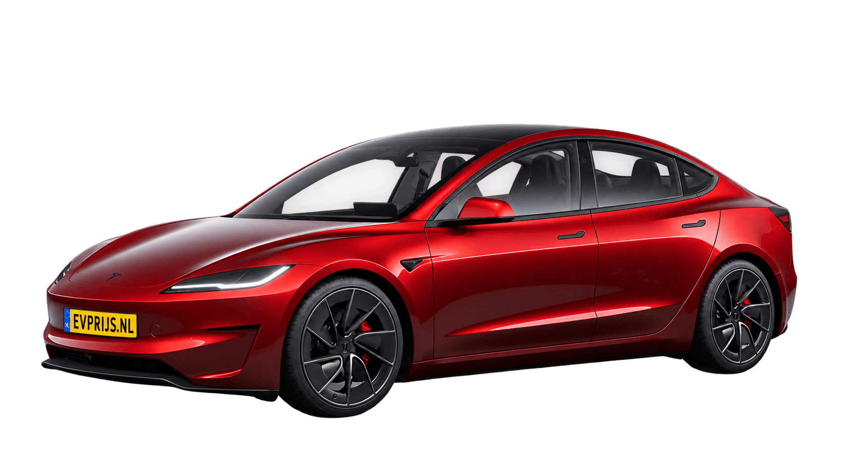 AI-bewerking van origineel Tesla-vooraanzicht van Model 3 Performance vierwielaandrijving in Ultra Red met standaardvelgen; transparante achtergrond, beeld 10