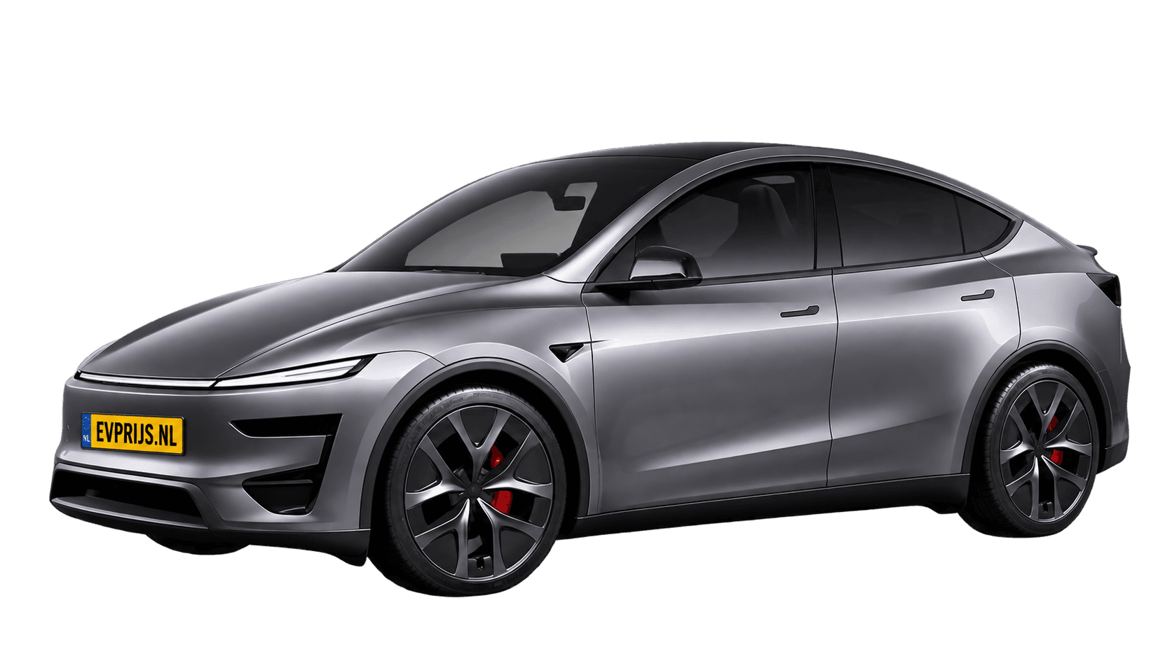 AI-bewerking van origineel Tesla-vooraanzicht van Model Y Performance vierwielaandrijving in Quicksilver met standaardvelgen; transparante achtergrond, beeld 10
