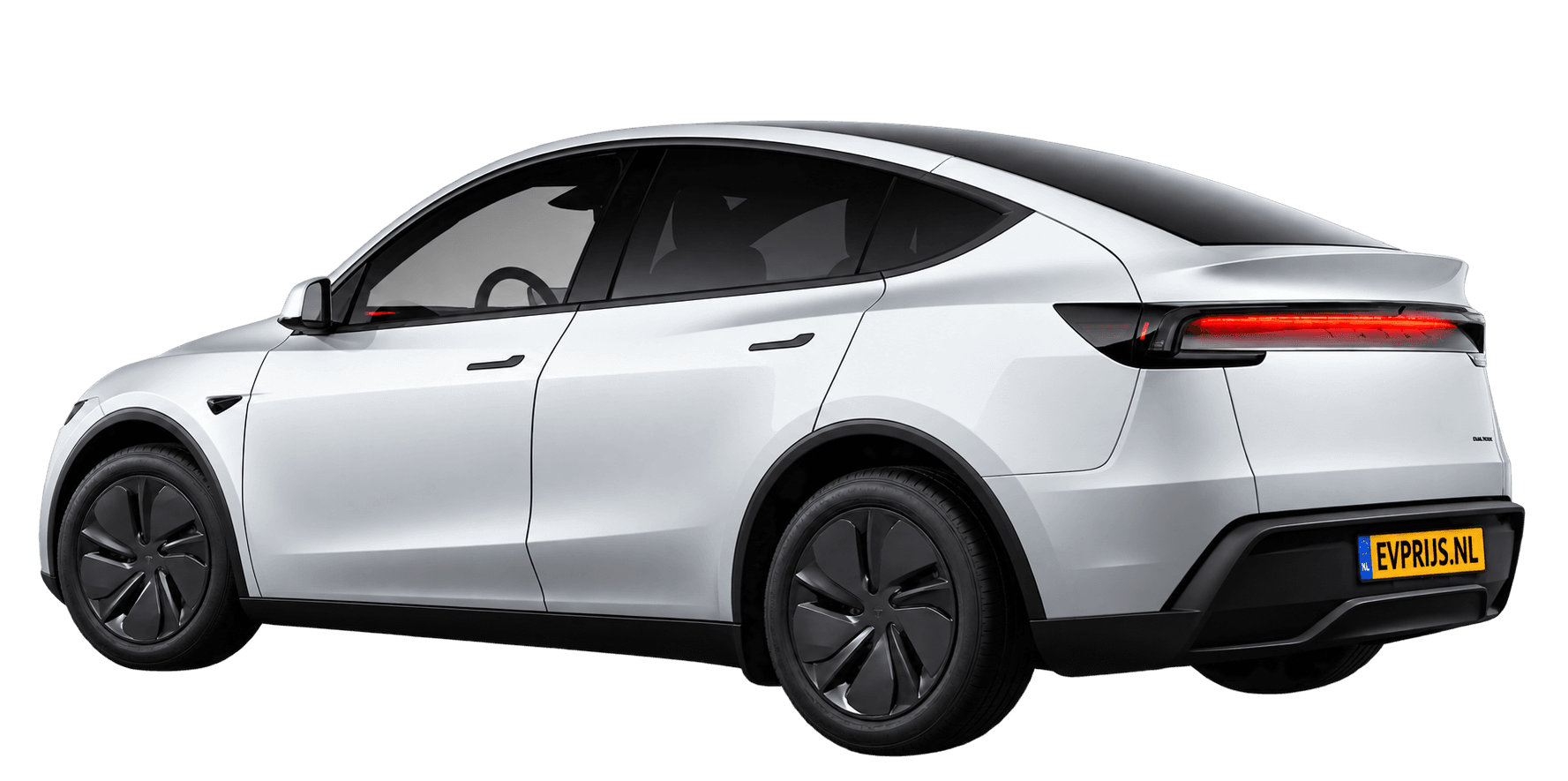 AI-bewerking van origineel Tesla-achteraanzicht van Model Y Premium Long Range achterwielaandrijving in Pearl White met standaardvelgen; transparante achtergrond, beeld 3