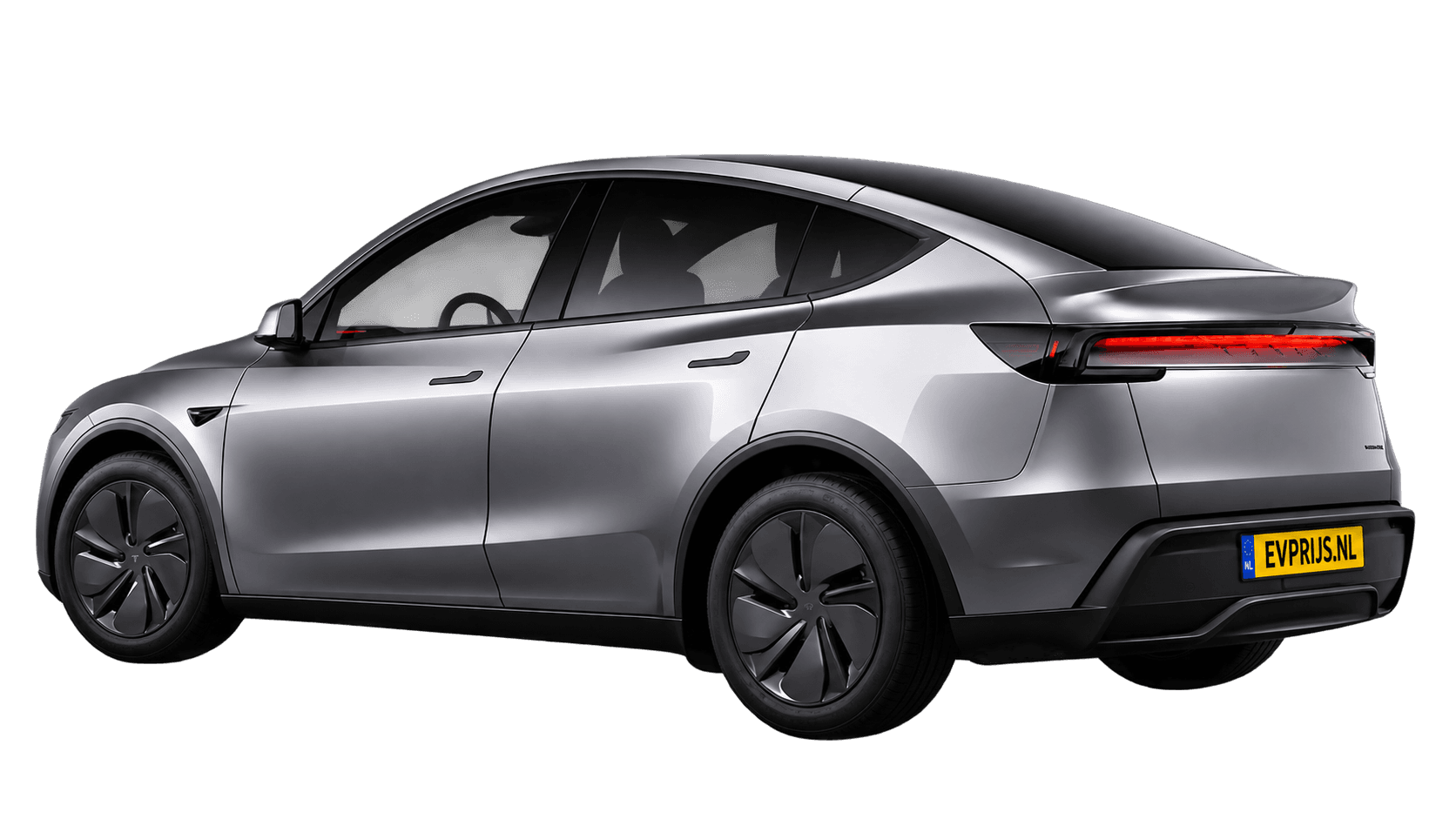 AI-bewerking van origineel Tesla-achteraanzicht van Model Y Premium Long Range achterwielaandrijving in Quicksilver met standaardvelgen; transparante achtergrond, beeld 11