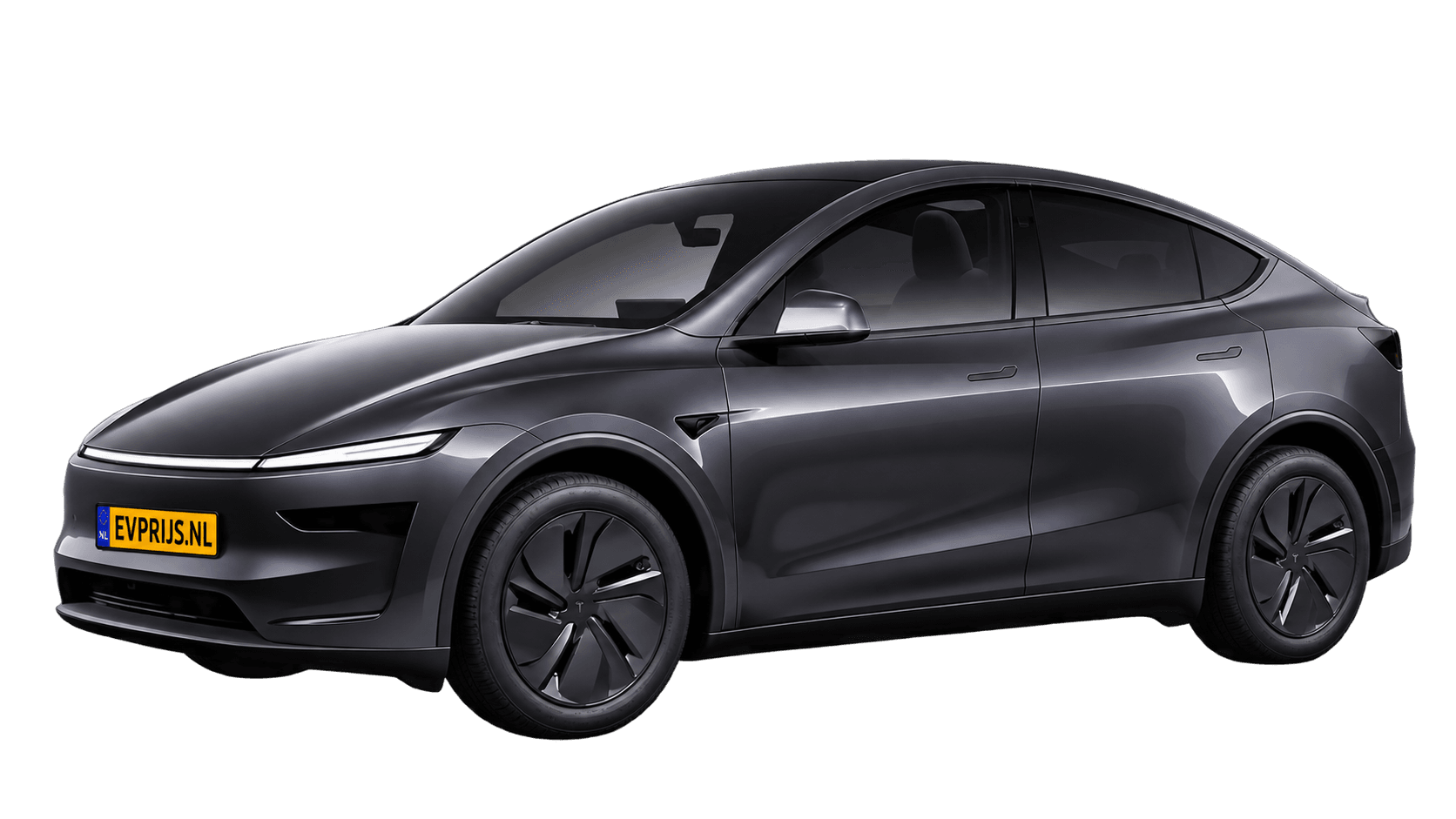 AI-bewerking van origineel Tesla-vooraanzicht van Model Y Premium Long Range achterwielaandrijving in Stealth Grey met standaardvelgen; transparante achtergrond, beeld 6