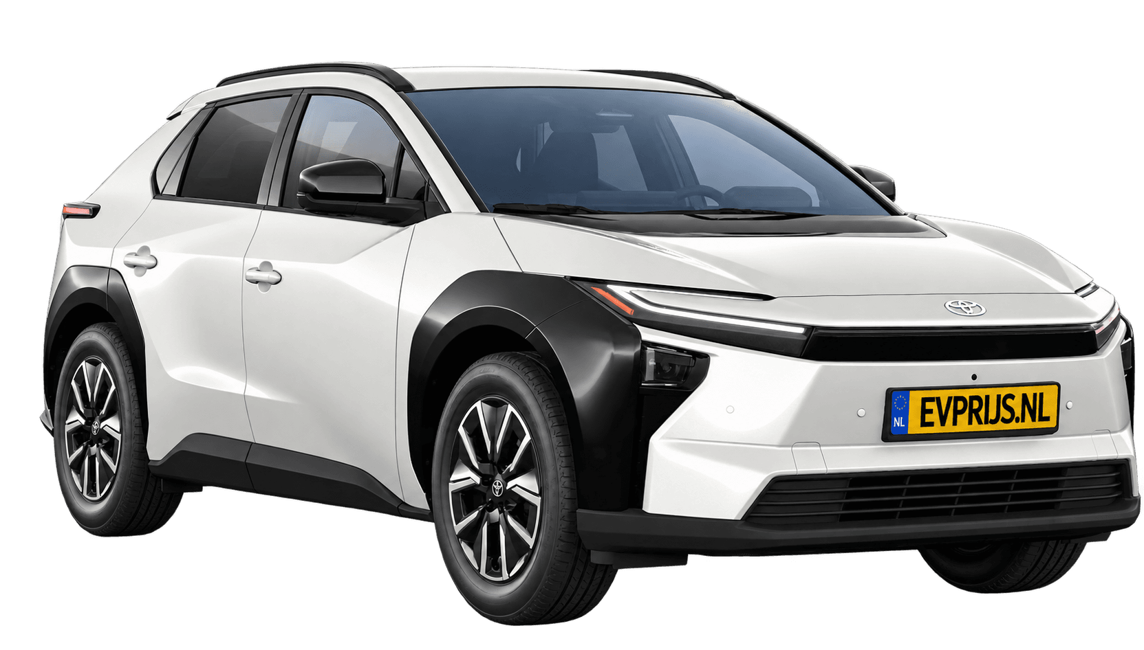 AI-bewerking (Imagegen) van officiële Toyota-configuratorrender: Toyota bZ4X voor-/zijaanzicht in Platinum Pearl White (configuratorrender Dynamic 73,1 kWh (224 pk) FWD, aanzicht 3); velgen en details kunnen per uitvoering afwijken, beeld 4