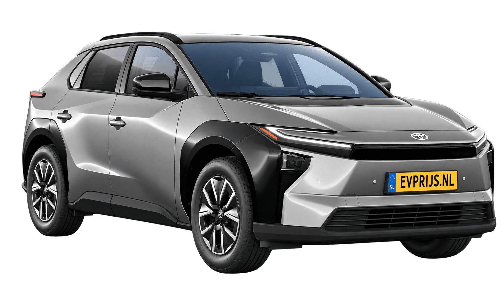AI-bewerking (Imagegen) van officiële Toyota-configuratorrender: Toyota bZ4X voor-/zijaanzicht in Precious Metal (configuratorrender Dynamic 73,1 kWh (224 pk) FWD, aanzicht 3); velgen en details kunnen per uitvoering afwijken, beeld 6