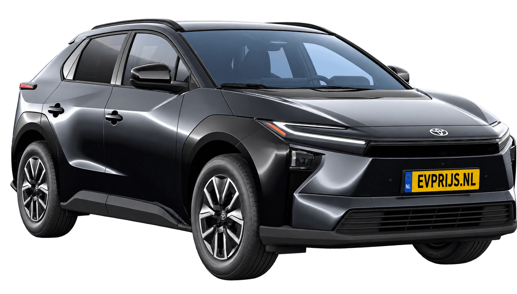 AI-bewerking (Imagegen) van officiële Toyota-configuratorrender: Toyota bZ4X voor-/zijaanzicht in Attitude Black (configuratorrender Dynamic 73,1 kWh (224 pk) FWD, aanzicht 3); velgen en details kunnen per uitvoering afwijken, beeld 3