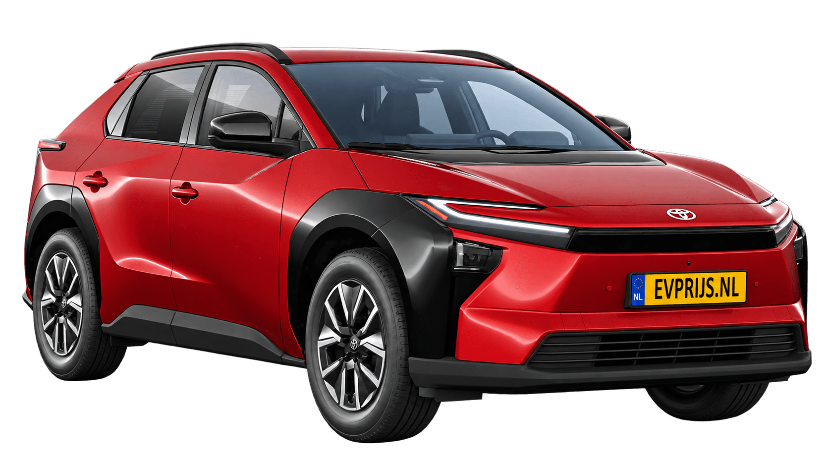 AI-bewerking (Imagegen) van officiële Toyota-configuratorrender: Toyota bZ4X voor-/zijaanzicht in Emotional Red (configuratorrender Dynamic 73,1 kWh (224 pk) FWD, aanzicht 3); velgen en details kunnen per uitvoering afwijken, beeld 5