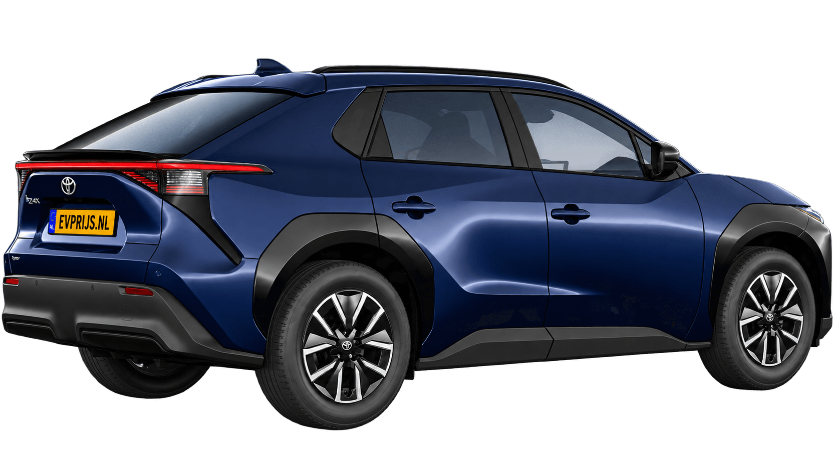 AI-bewerking (Imagegen) van officiële Toyota-configuratorrender: Toyota bZ4X achter-/zijaanzicht in Midnight Blue (configuratorrender Dynamic 73,1 kWh (224 pk) FWD, aanzicht 13); velgen en details kunnen per uitvoering afwijken, beeld 2
