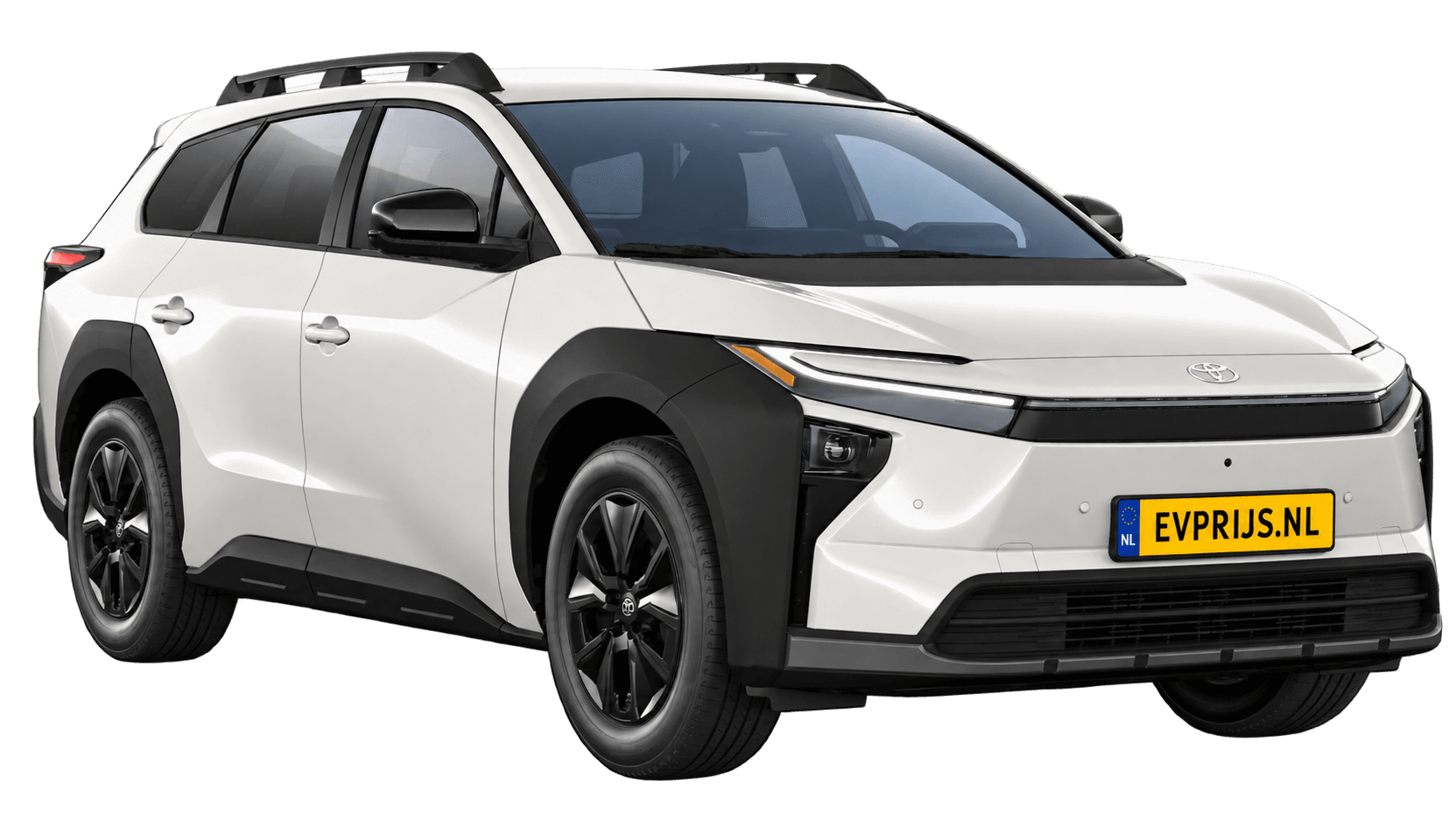 AI-bewerking (Imagegen) van officiële Toyota-configuratorrender: Toyota bZ4X Touring voor-/zijaanzicht in Crystal White (configuratorrender Dynamic 74,7 kWh (227pk) FWD, aanzicht 3); velgen en details kunnen per uitvoering afwijken, beeld 7