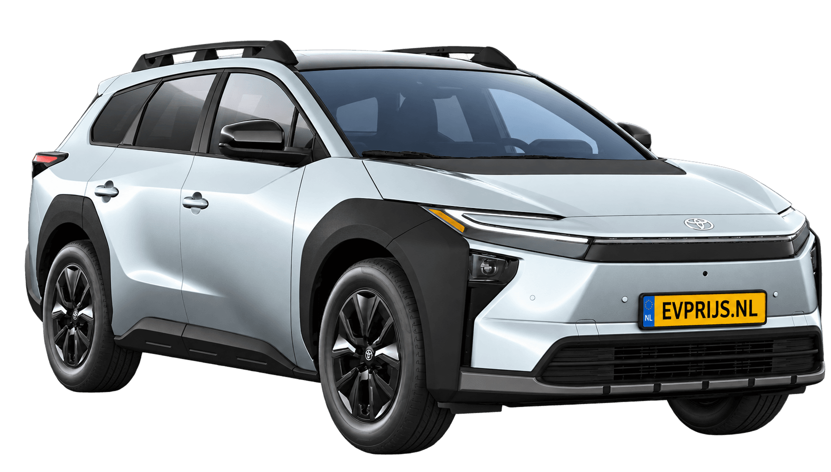 AI-bewerking (Imagegen) van officiële Toyota-configuratorrender: Toyota bZ4X Touring voor-/zijaanzicht in Ice Silver (configuratorrender Dynamic 74,7 kWh (227pk) FWD, aanzicht 3); velgen en details kunnen per uitvoering afwijken, beeld 5