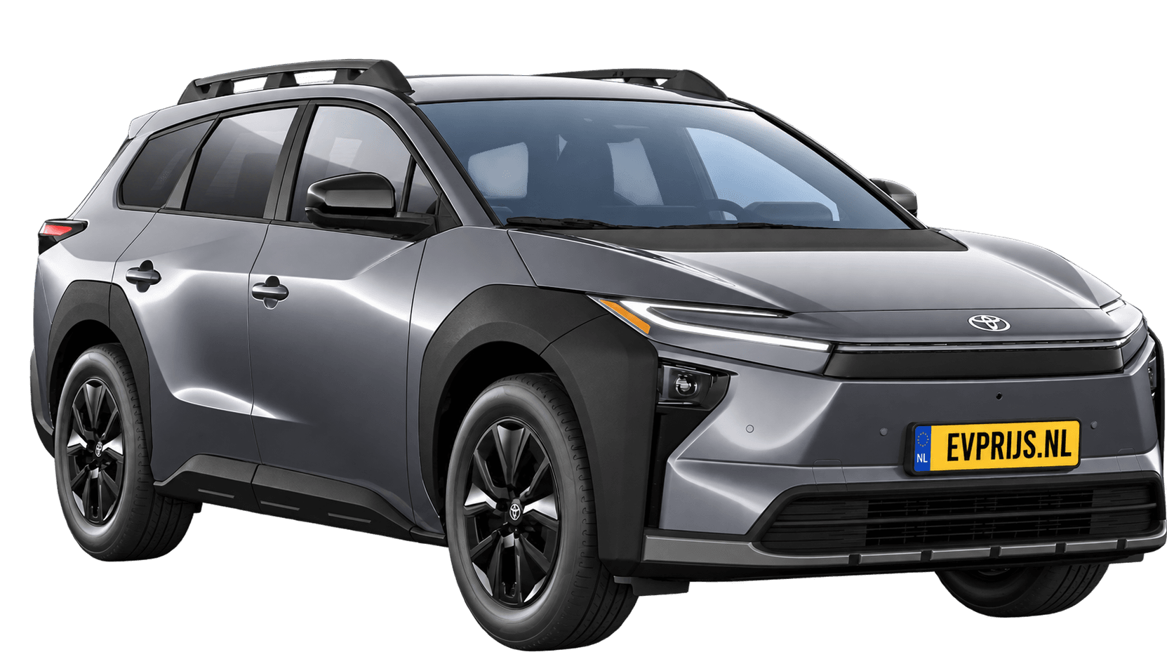 AI-bewerking (Imagegen) van officiële Toyota-configuratorrender: Toyota bZ4X Touring voor-/zijaanzicht in Magnetite Grey (configuratorrender Dynamic 74,7 kWh (227pk) FWD, aanzicht 3); velgen en details kunnen per uitvoering afwijken, beeld 4