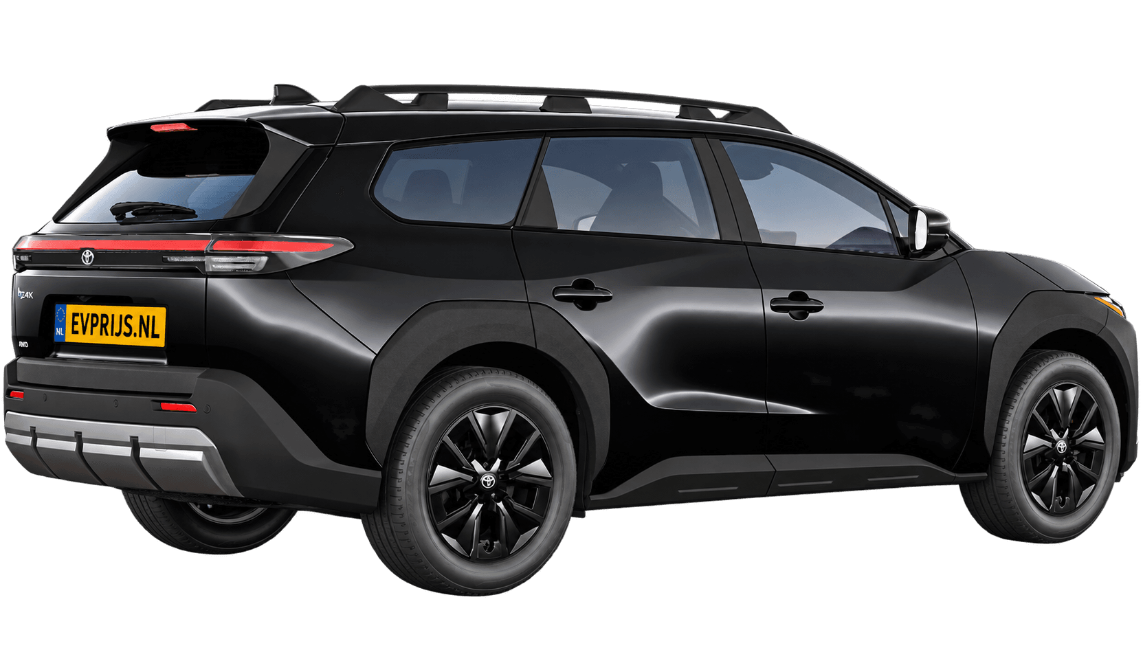 AI-bewerking (Imagegen) van officiële Toyota-configuratorrender: Toyota bZ4X Touring achter-/zijaanzicht in Crystal Black Silica (configuratorrender Dynamic 74,7 kWh (227pk) FWD, aanzicht 13); velgen en details kunnen per uitvoering afwijken, beeld 2