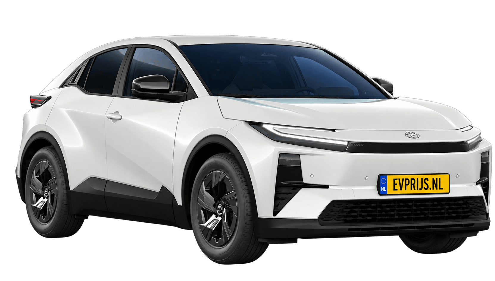 AI-bewerking (Imagegen) van officiële Toyota-configuratorrender: Toyota C-HR+ voor-/zijaanzicht in Platinum Pearl White (configuratorrender First Edition 77 kWh (224 pk) FWD, aanzicht 3); velgen en details kunnen per uitvoering afwijken, beeld 6