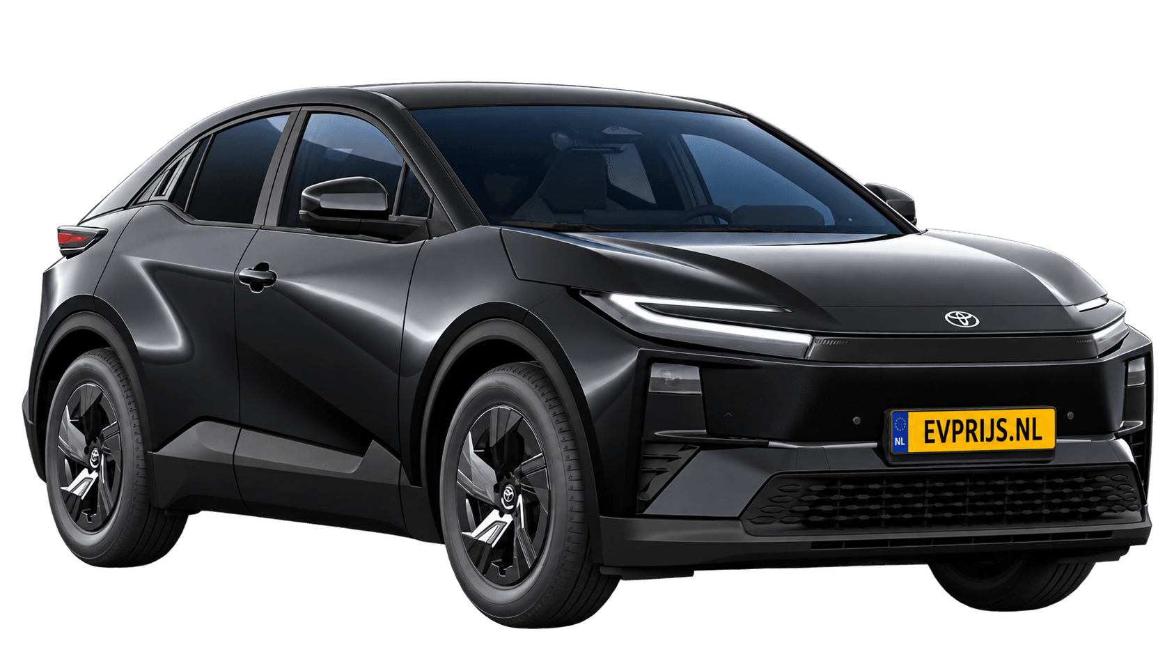 AI-bewerking (Imagegen) van officiële Toyota-configuratorrender: Toyota C-HR+ voor-/zijaanzicht in Attitude Black (configuratorrender First Edition 77 kWh (224 pk) FWD, aanzicht 3); velgen en details kunnen per uitvoering afwijken, beeld 3