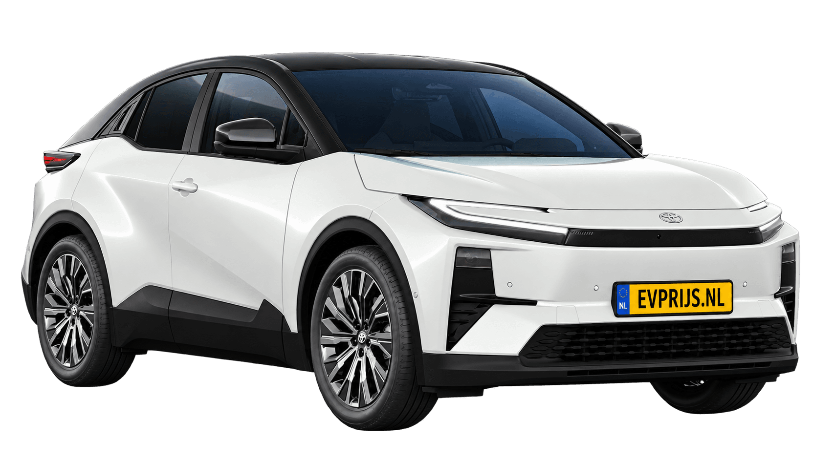 AI-bewerking (Imagegen) van officiële Toyota-configuratorrender: Toyota C-HR+ voor-/zijaanzicht in Platinum Pearl White parelmoer (089) + Attitude Black (configuratorrender Executive 77 kWh (343 pk) AWD, aanzicht 3); velgen en details kunnen per uitvoering afwijken, beeld 10