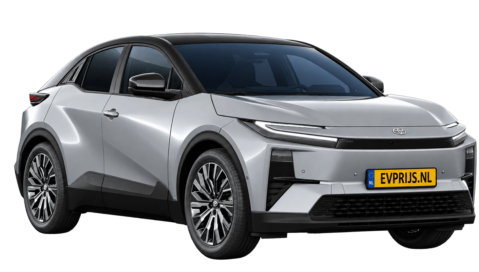 AI-bewerking (Imagegen) van officiële Toyota-configuratorrender: Toyota C-HR+ voor-/zijaanzicht in Manhattan Grey metallic (1H5) + Attitude Black (configuratorrender Executive 77 kWh (343 pk) AWD, aanzicht 3); velgen en details kunnen per uitvoering afwijken, beeld 7