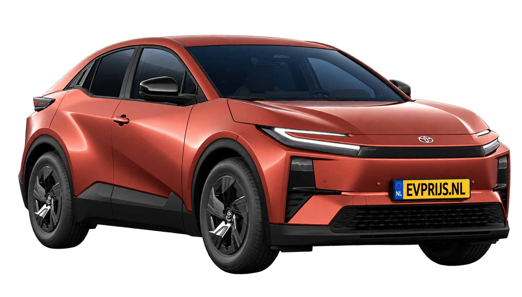 AI-bewerking (Imagegen) van officiële Toyota-configuratorrender: Toyota C-HR+ voor-/zijaanzicht in Metal Oxide (configuratorrender First Edition 77 kWh (224 pk) FWD, aanzicht 3); velgen en details kunnen per uitvoering afwijken, beeld 5