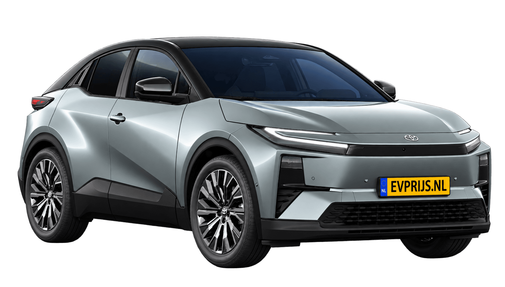 AI-bewerking (Imagegen) van officiële Toyota-configuratorrender: Toyota C-HR+ voor-/zijaanzicht in Mineral metallic (6Y1) + Attitude Black (configuratorrender Executive 77 kWh (343 pk) AWD, aanzicht 3); velgen en details kunnen per uitvoering afwijken, beeld 8