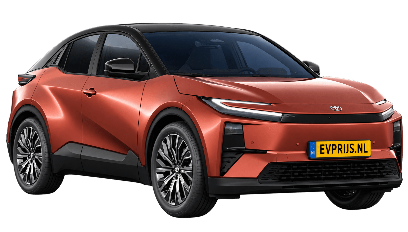 AI-bewerking (Imagegen) van officiële Toyota-configuratorrender: Toyota C-HR+ voor-/zijaanzicht in Metal Oxide (4Z3) + Attitude Black (configuratorrender Executive 77 kWh (343 pk) AWD, aanzicht 3); velgen en details kunnen per uitvoering afwijken, beeld 9