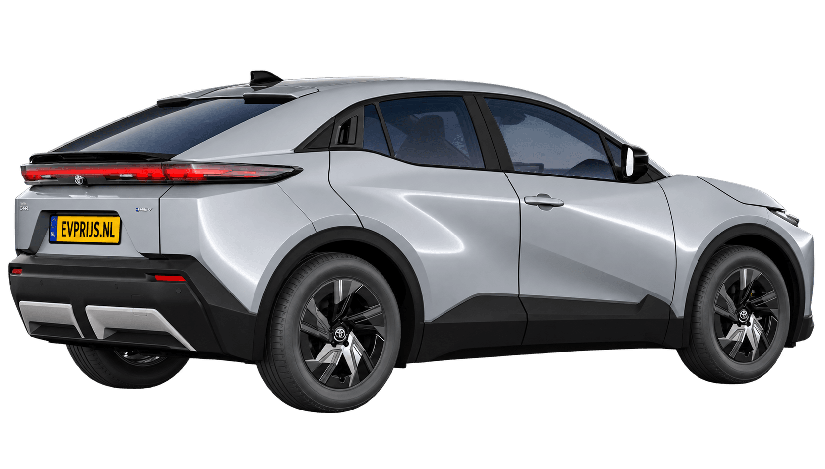 AI-bewerking (Imagegen) van officiële Toyota-configuratorrender: Toyota C-HR+ achter-/zijaanzicht in Manhattan Grey (configuratorrender First Edition 77 kWh (224 pk) FWD, aanzicht 13); velgen en details kunnen per uitvoering afwijken, beeld 2