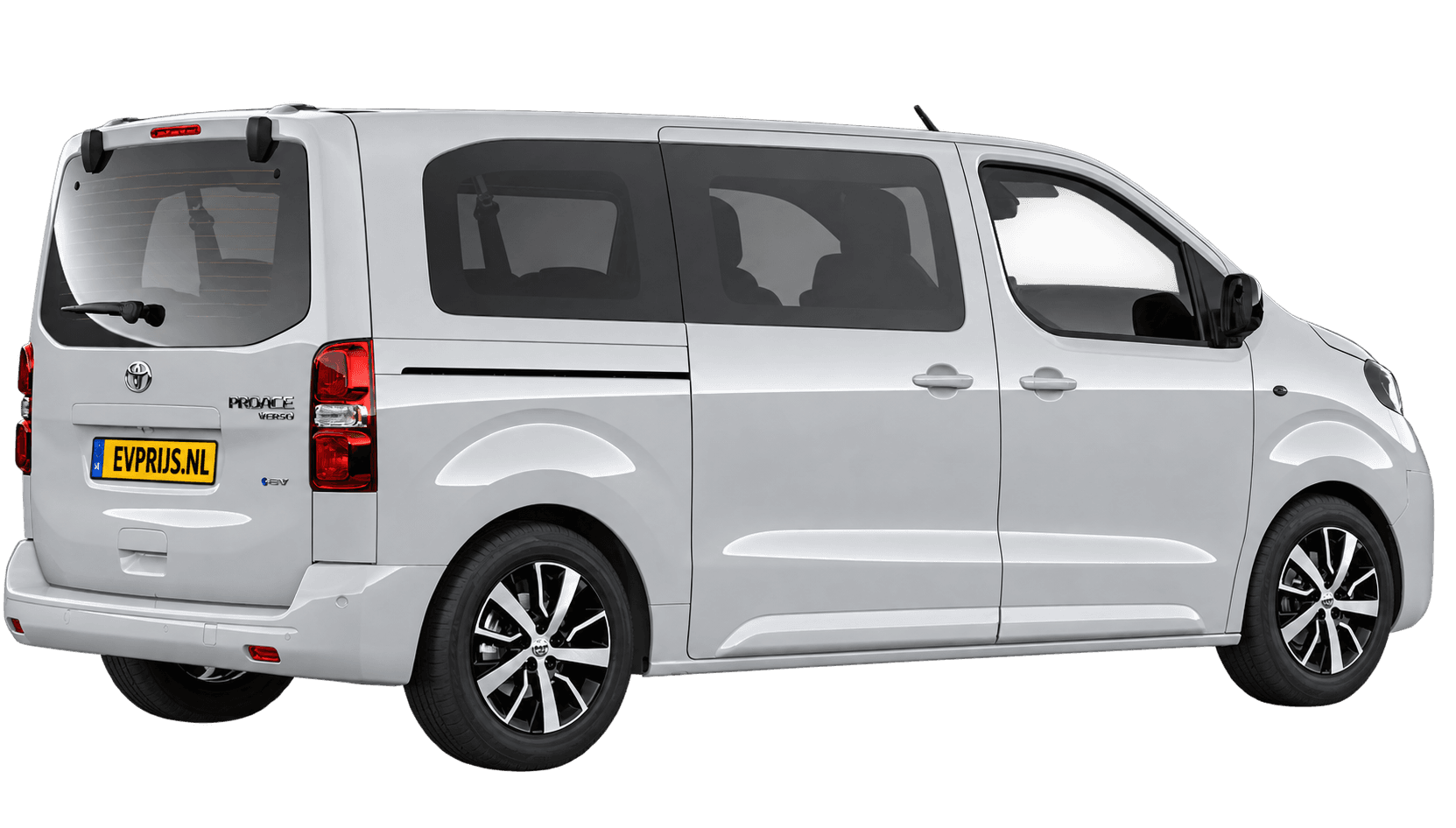 AI-bewerking (Imagegen) van officiële Toyota-configuratorrender: Toyota Proace Verso Electric achter-/zijaanzicht in Icy White (configuratorrender Dynamic 8-persoons 75 kWh (136pk) FWD, aanzicht 13); velgen en details kunnen per uitvoering afwijken, beeld 2