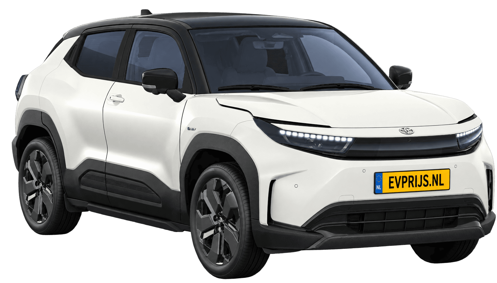 AI-bewerking (Imagegen) van officiële Toyota-configuratorrender: Toyota Urban Cruiser voor-/zijaanzicht in Arctic White (ZHJ) met zwart dak (configuratorrender Executive 61 kWh (174pk) FWD, aanzicht 3); velgen en details kunnen per uitvoering afwijken, beeld 12