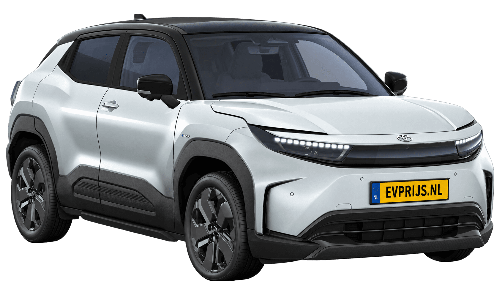AI-bewerking (Imagegen) van officiële Toyota-configuratorrender: Toyota Urban Cruiser voor-/zijaanzicht in Splendid Silver (WBE) met zwart dak (configuratorrender Executive 61 kWh (174pk) FWD, aanzicht 3); velgen en details kunnen per uitvoering afwijken, beeld 8